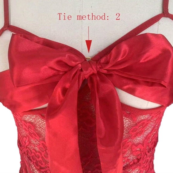 Wine Red Lace Open Crotch & Open Cup W/Satin Tie Bow Bust Bodysuit Lingerie (OS) - Picture 10 of 12